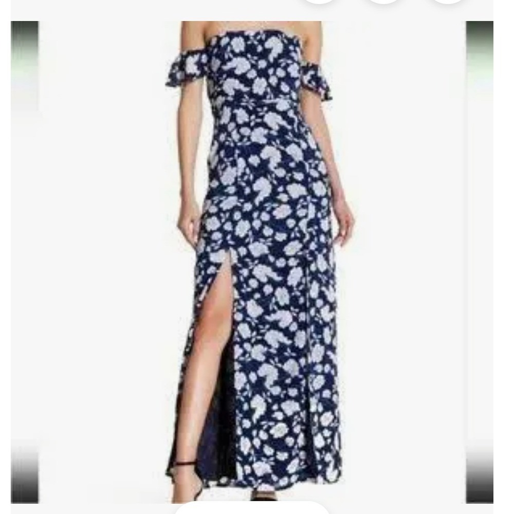Lucca Floral Maxi Dress Womens M Summer Boho Navy Blue Off Shoulder Front Slits